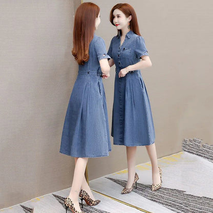 2026 Korean Summer New Denim Dress Women Temperament  Short Sleeved Fashion Slim All-match Casual Dress Female Vestidos