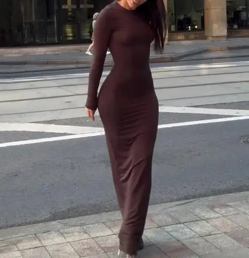 Womens Dresses 2025 Spring Autumn New Fashion Sexy Skinny Hip Hugging Comfortable Solid Color Casual Round Neck Long Dress