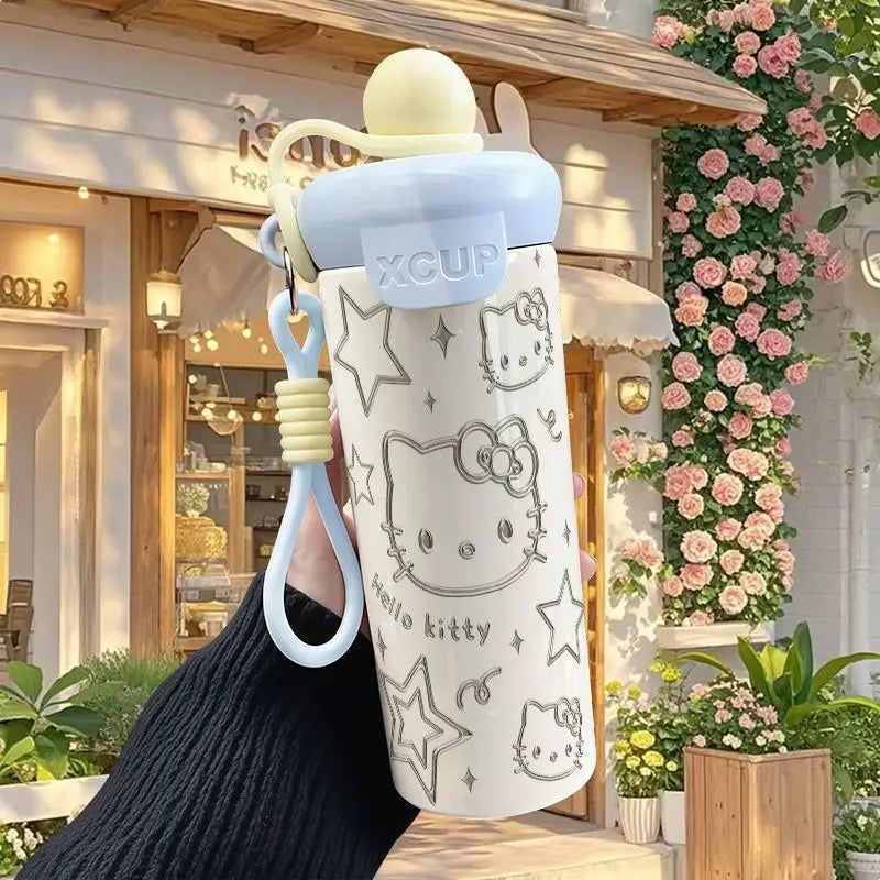 600ml Sanrio Hello Kitty Vacuum Thermos Cup SS316 Insulated Coffee Mug with Lifting Rope Portable Outdoor Drinking Water Kettle