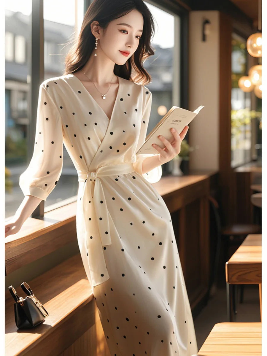French retro dots V collar childen's summer 2025 new style elegant long dress