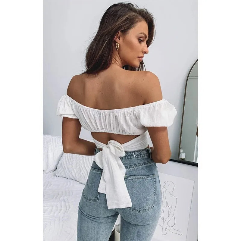 Sexy one line collar lantern short sleeved pleated women's top T-shirt summer pullover strapless fashion sweet top Y2K clothing