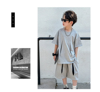 American Kids Design Double Cotton Gauze Clothing Set For Teenage Boy Casual Summer Top and Bottom Clothes Set Child Tracksuit
