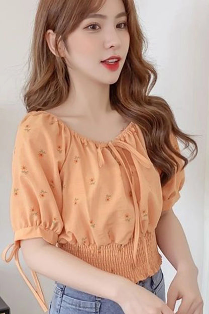 Sweet Broken Flower Women Short Shirts Elegant O-Neck Bow Tie Blouses Korean Fashion Elastic Waist Puff Sleeve Blouses 2025 New