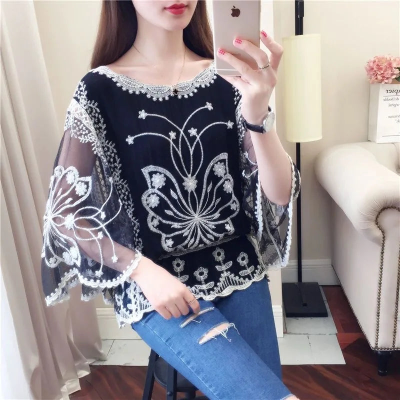 TingYiLi Batwing Sleeve Hollow Out Embroidery Cotton Top Women Summer Black White Lace Short Blouses Vintage Sweet Boho Top