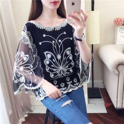 TingYiLi Batwing Sleeve Hollow Out Embroidery Cotton Top Women Summer Black White Lace Short Blouses Vintage Sweet Boho Top