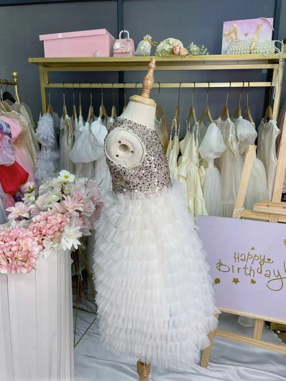New Summer Party Dress for Kids Girls Sequined Sleeveless Mesh Cake Princess Dress Fashionable and Comfortable Skirt S4016