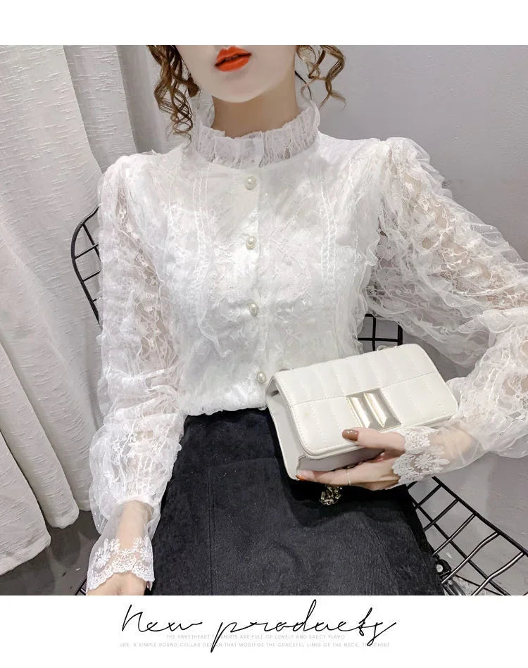 Blouse Women Shirt Lace Long Sleeve Women's Clothing Spring Lantern Sleeve Stand Collar Cardigan Top Blusas Mujer De Moda