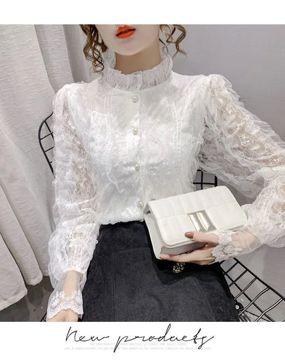 Blouse Women Shirt Lace Long Sleeve Women's Clothing Spring Lantern Sleeve Stand Collar Cardigan Top Blusas Mujer De Moda