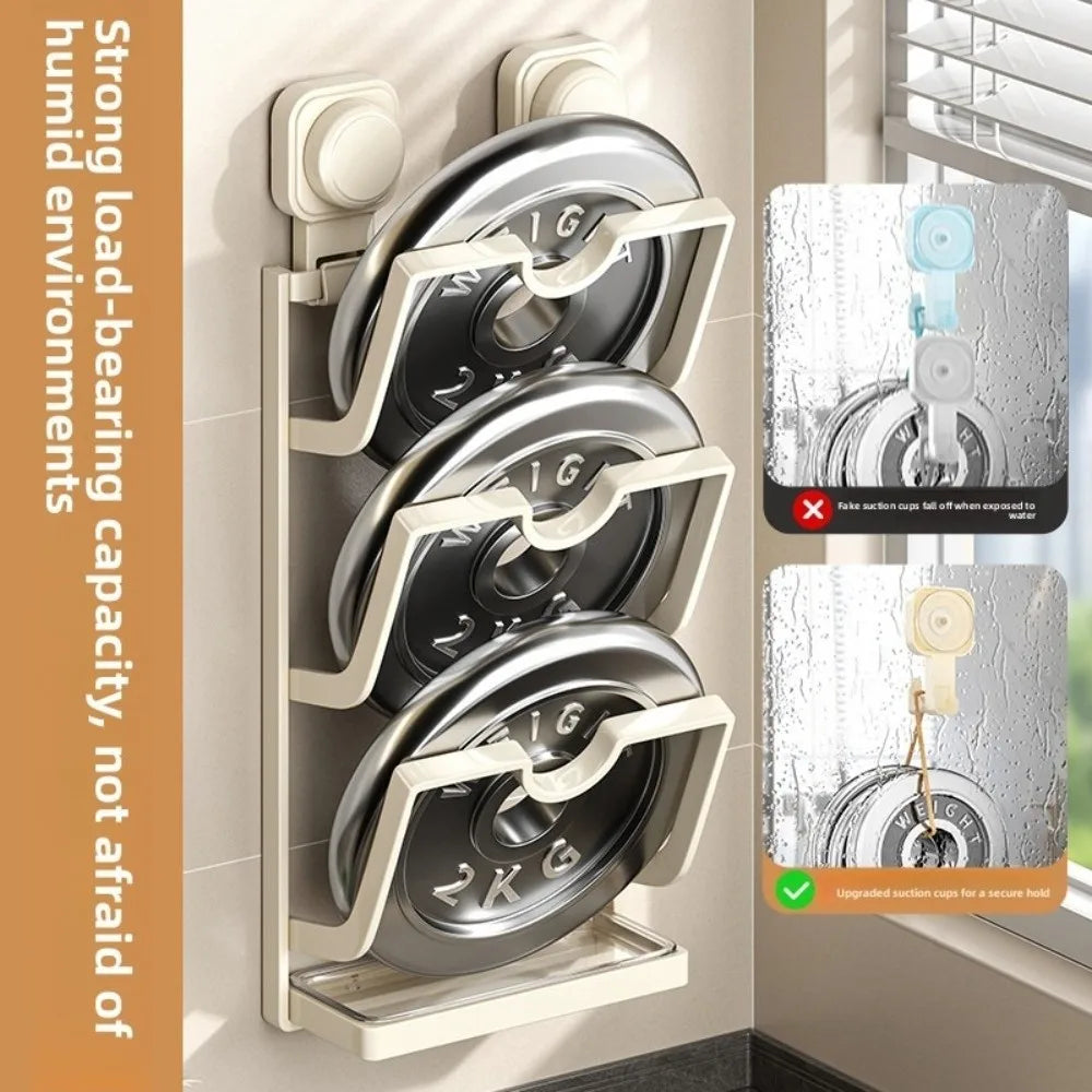 2Layers/3Layers Suction Cup Pot Lid Rack Cookware Storage Carbon Steel Pot Lids Holder Shelf Wall Mounted Space Saving
