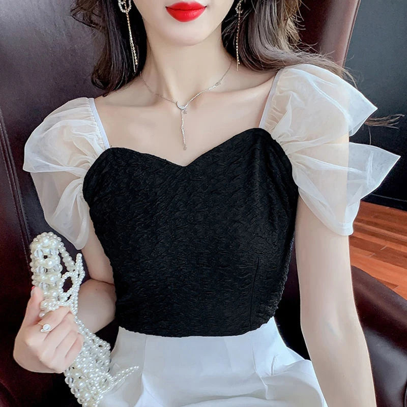 Summer Mesh Spliced Women Puff Sleeve Square Neck T Shirts Lady French Fashion Elegant Sweet Slim Fit Clothing Tops Black White