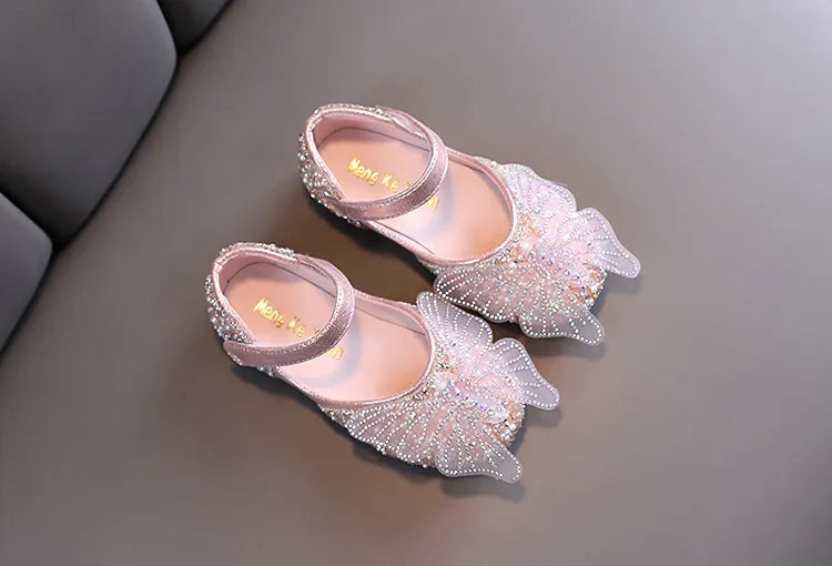 Girls Leather Shoes Children's Lace Butterfly Rhinestone Pearls Beading Performance Single Shoes Fashion Weeding Kids Shoes