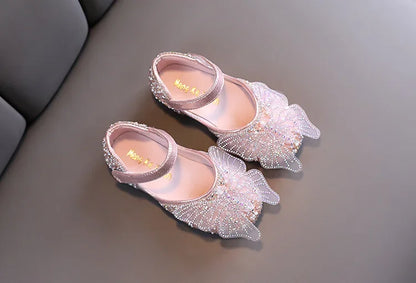 Girls Leather Shoes Children's Lace Butterfly Rhinestone Pearls Beading Performance Single Shoes Fashion Weeding Kids Shoes