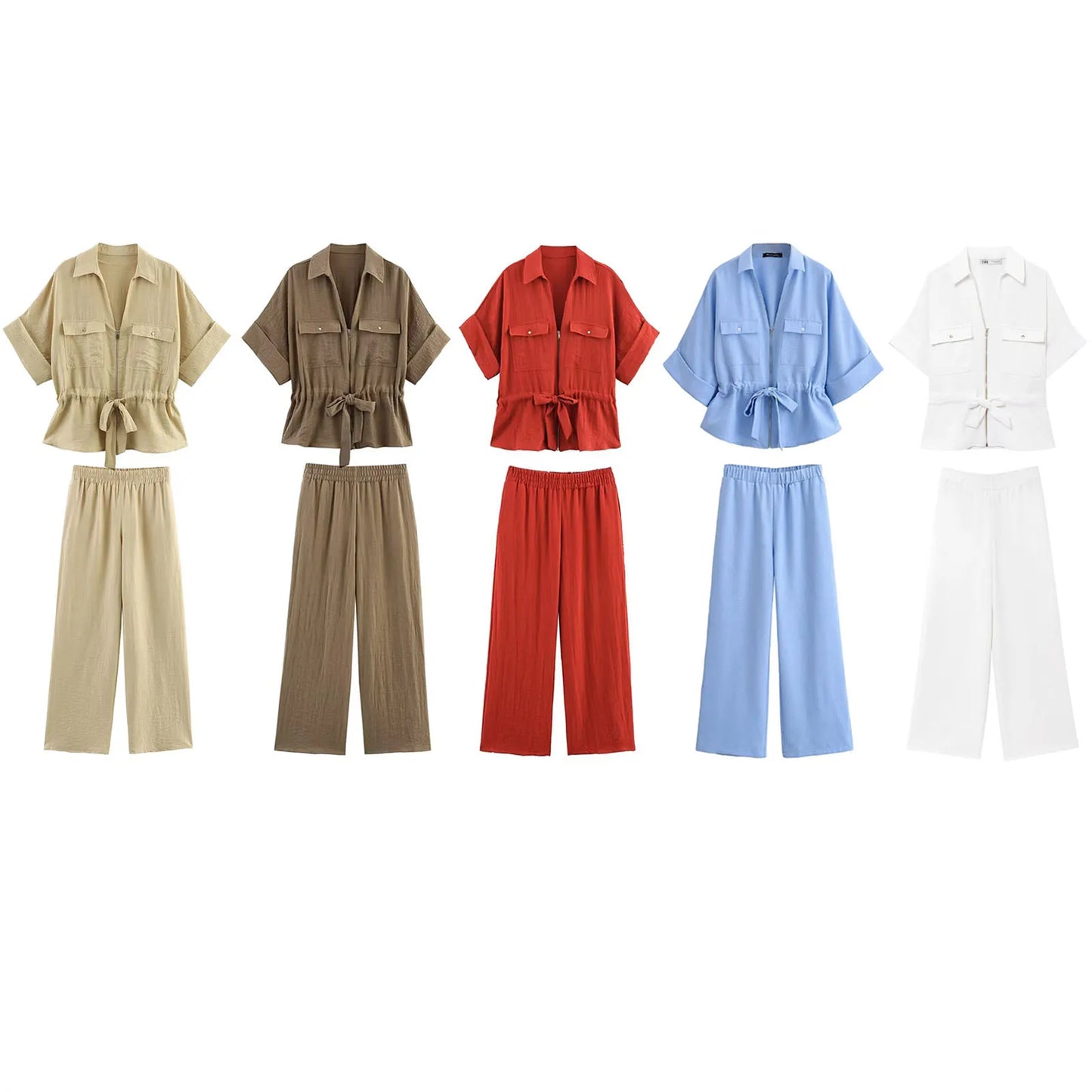 HH Women Pants Suit Solid Short Sleeve Zipper Pocket Drawstring Design Shirt Top+Elastic Waist Loose Casual Wide-leg Pants