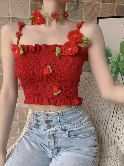 Camis Women 3D Decoration Patchwork Crop Top Slim Design Retro Classic Sexy Basic Korean Style Ulzzang Ins Holiday College Young