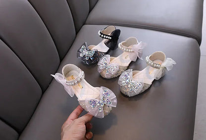 Luxury Girl Shoes Sweet Children's Causal Leather Shoes Fashion Bowtie Kids Versatile Princess Wedding Party Sandals Hook Loop