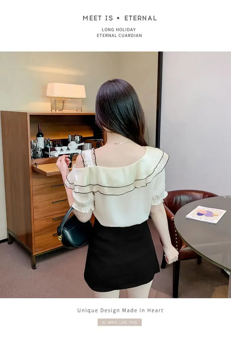 Sweet Slash Neck Off Shoulder Ruffles Blouses Female Clothing 2025 Summer New Loose Solid Color Korean Tops Puff Sleeve Shirts