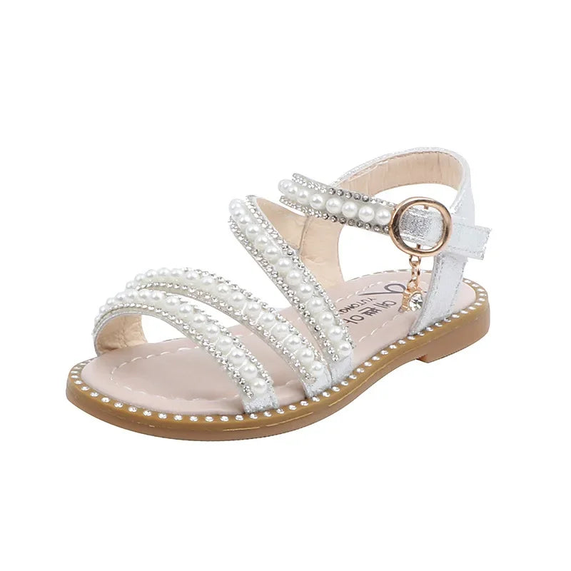 Summer Children's Sandals Korean Style Open-toe Kids Girls Causal Rhinestone Pearl Flats Sandals Fashion Princess Dress Shoes (Available)