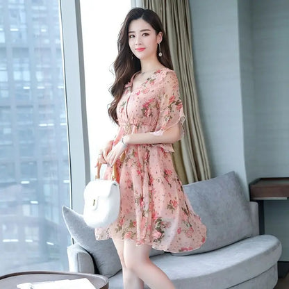 Chiffon Floral V-neck Ruffle Woman Dress Promotion Elegant and Pretty Korean Style Fashion Summer 2025 Chic Dresses for Women