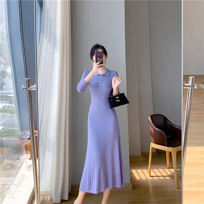 Sweater Dress Women New 2025 Autumn Winter Purple White Or Black High Waist A Line Dress Elegant Long Knitted Dress