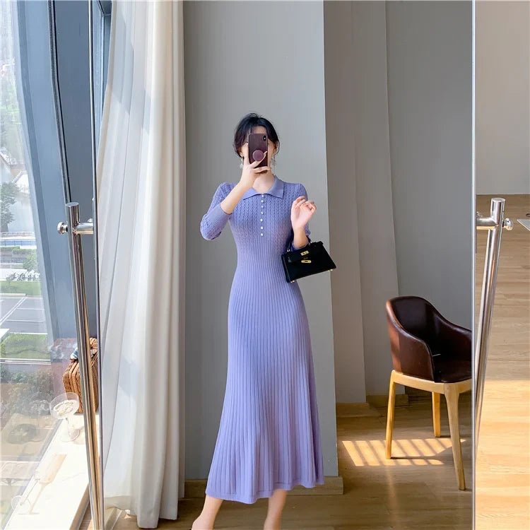 Sweater Dress Women New  Autumn Winter Purple White Or Black High Waist A Line Dress Elegant Long Knitted Dress (Available)