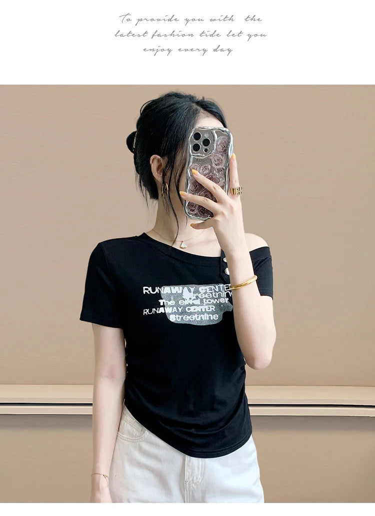 Sexy oulder Bared T irt Women's ort Sve Asymmetrical Collar Faionable Slimming Top Korean Sle Cotton Blend Summe...