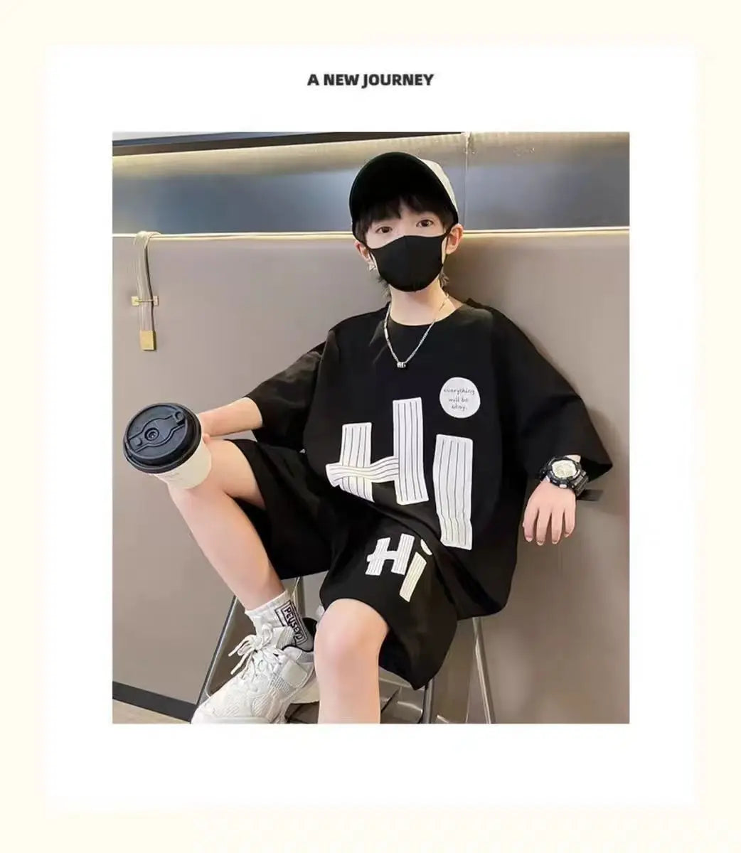 New Boys Sport Clothing Sets Summer Big Kids Loose Clothes Suit Short Sleeve Tops+Shorts 2Pcs Children Fashion Handsome Outfits