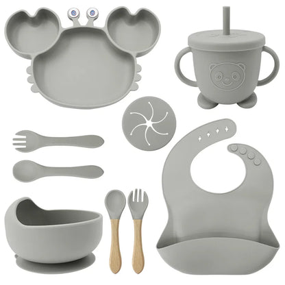 Baby Feeding Set 9PCS Silicone Crab Bowl Plate Spoon Fork Toddler Tableware Kids Dish Infant Utensils