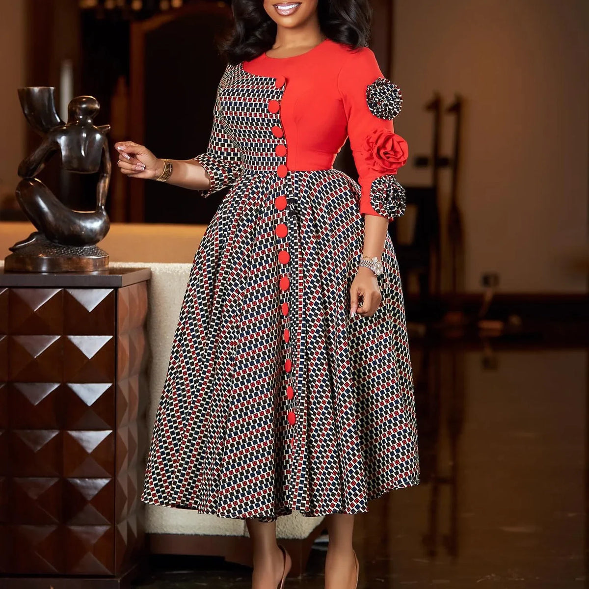 Elegant Dresses for Women O Neck Half Sleeve High Waisted Pleated Mid Calf Fashion Printed Luxury Birthday Party Dinner Dress