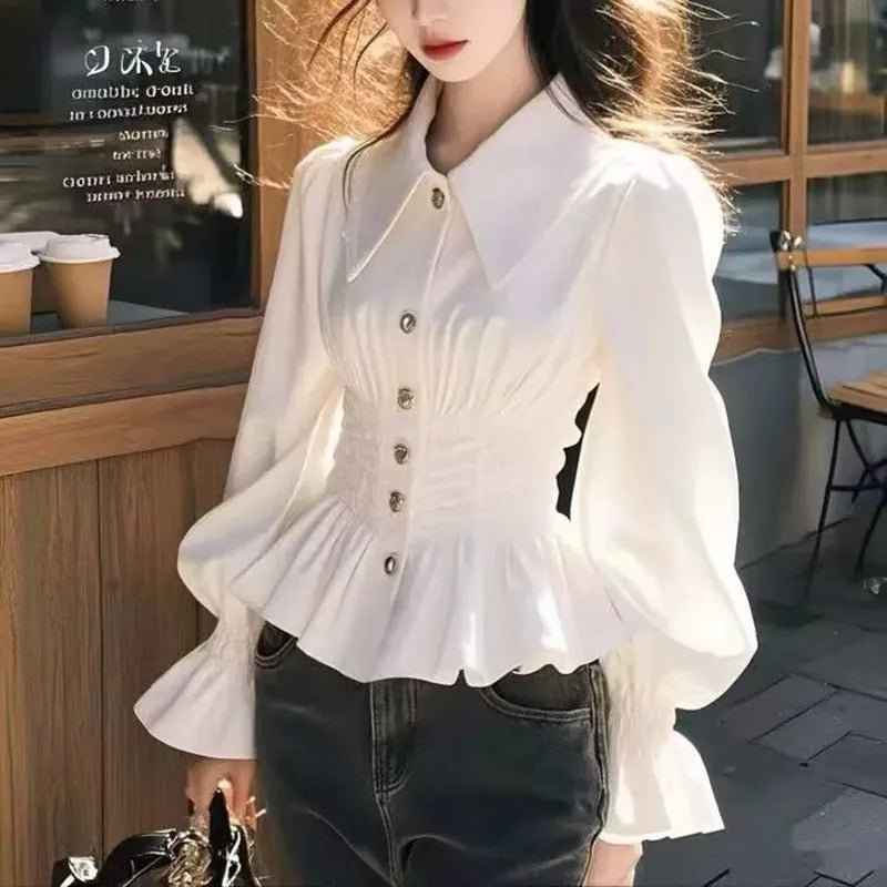 French Slim-fit Waistline Shirt 2025 Spring Summer Women Elegant Blouse Femae Longsleeve Shirt Office Lady White Base Shirt