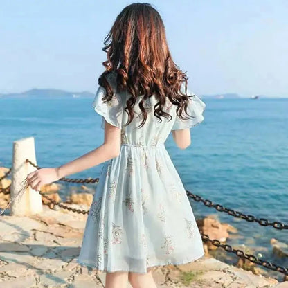 Sweet V-Neck Printing Shirring Bow Chiffon Floral Dress Female Clothing Summer New Loose Butterfly Sleeve Princess Dress