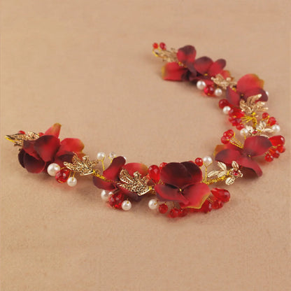 Artificial Flower Hairband Wedding Tiaras For Women Red Floral Pearl Headband Elegant Girls Hair Hoop Bridal Headwear Jewelry