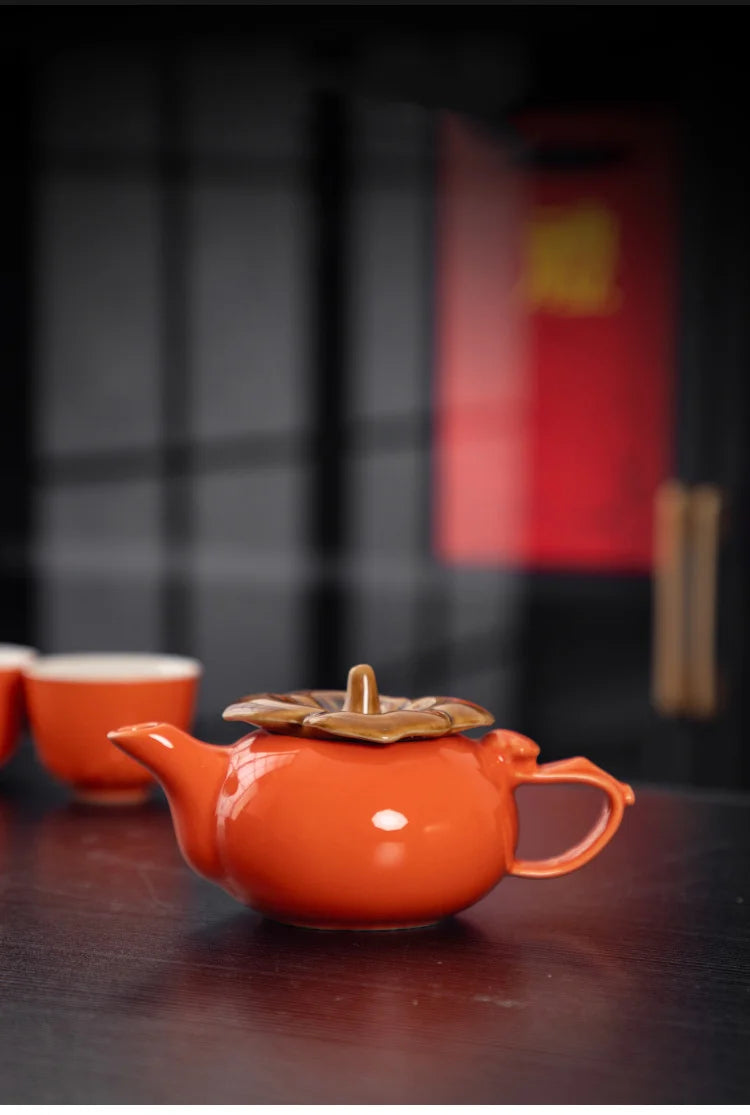 Chinese Travel Kung Fu Ceramic Tea Set 1 Teapot 4 Teacups Tea Ceremony Portable Persimmon Shape Teapot Exquisite Gift Box