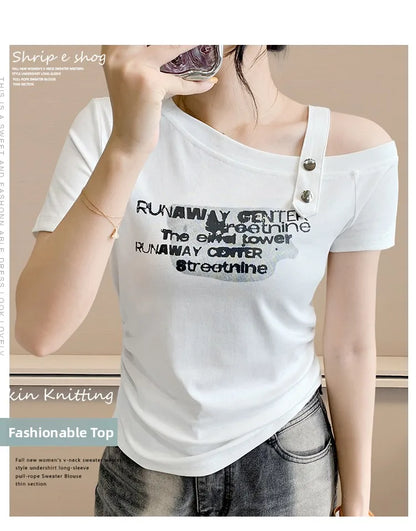 Sexy oulder Bared T irt Women's ort Sve Asymmetrical Collar Faionable Slimming Top Korean Sle Cotton Blend Summe...