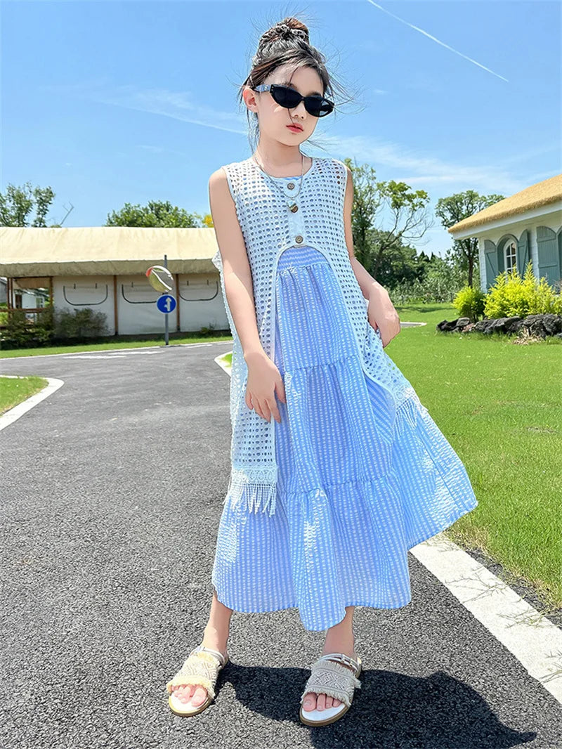5-14Years Old Girls Dress Children Summer Sweet Beach Holiday Gown Kids Dresses Teenager Sleeveless Clothing Sets