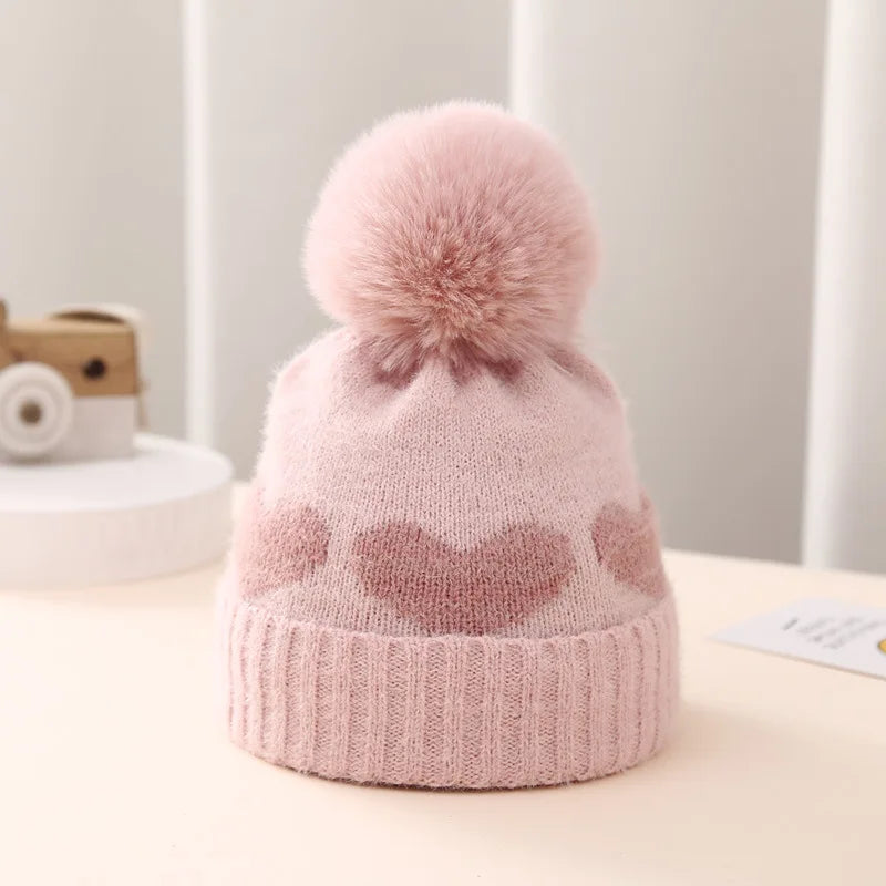 New Winter Baby Hat Double Layer Thickened Jacquard Love Heart Knitted Hat0-12Newborn Baby Knitted Hat