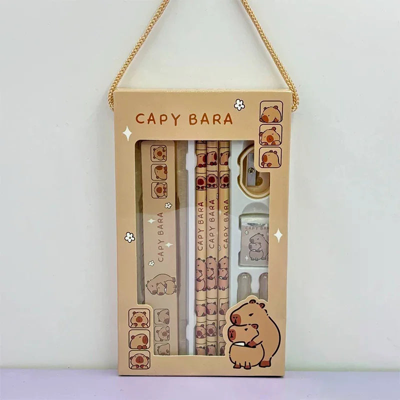1Set 8 In 1 Student Stationery Capybara Pencil Ruler Eraser Sharpener Set Office Accessories School Writing Supplies Kids Gifts