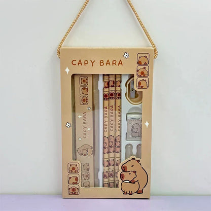 1Set 8 In 1 Student Stationery Capybara Pencil Ruler Eraser Sharpener Set Office Accessories School Writing Supplies Kids Gifts