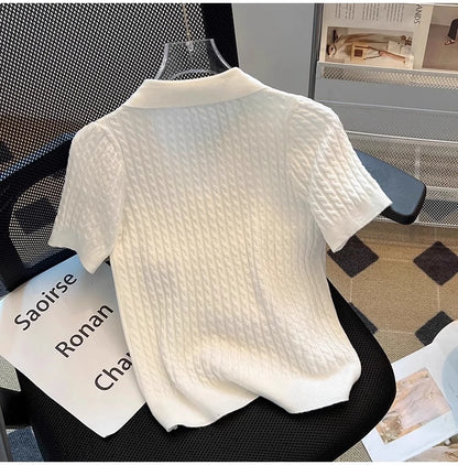White  irt ort Sve Knitted Top Women's oulder Straight Summer T-irt Commute Sle Korean Version Straight Tube