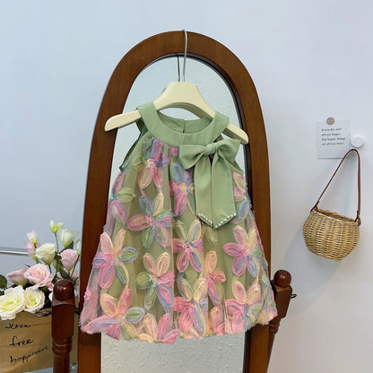 Summer Dress Girl Dresses 2025 Children Clothes Sleeveless Halter Mesh Sequins Bow Princess Dress Toddler Colorful Flower Dress