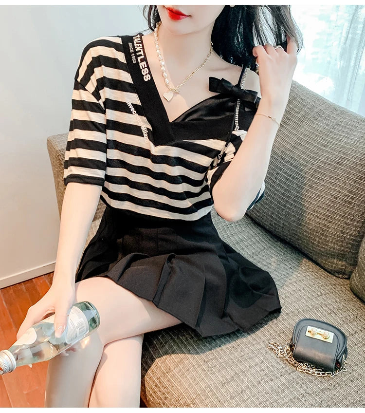 Unique Design oulder Bared ort Sve V-Ne Loose T-irt for Women  Knot Print Splice Asymmetrical Korean Sle
