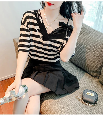 Unique Design oulder Bared ort Sve V-Ne Loose T-irt for Women  Knot Print Splice Asymmetrical Korean Sle