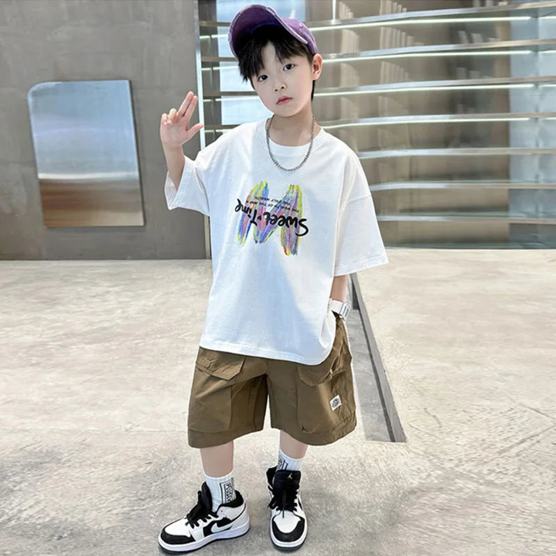 Clothing Sets Big Children Short-sleeved Top+Shorts Suits Teenager T-shirt Loose Sports 2Pcs Outfits