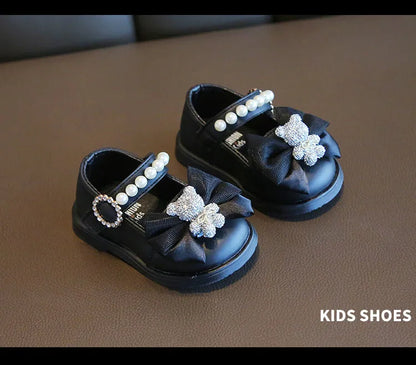 Baby Girls Walking Shoes with Big Bow Bear Children Princess Shoes Soft Sole Round Toe 2026 New Fashion Kids Flat Shoes Non-slip