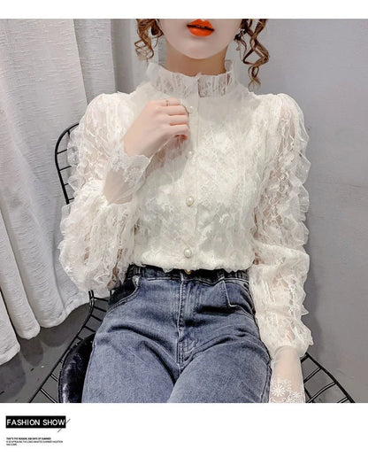 Blouse Women Shirt Lace Long Sleeve Women's Clothing Spring Lantern Sleeve Stand Collar Cardigan Top Blusas Mujer De Moda