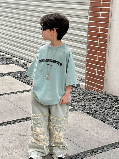 Summer Collection Children's Short Sleeves Grinding Embroidered Half Sleeve T-shirt