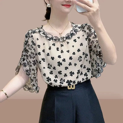 Elegant O-Neck Printed Folds Ruffles Flare Sleeve Blouses Women's Clothing 2024 Summer New Loose Korean Tops Office Lady Shirts