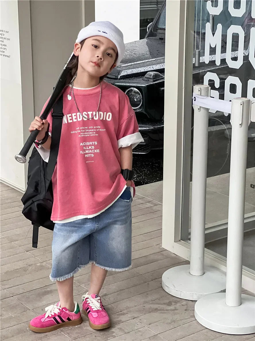 Pure Cotton Children's Short Sleeved Simple Trendy Letters Faded and Worn Half Sleeved T-shirts Boys Girls Stylish