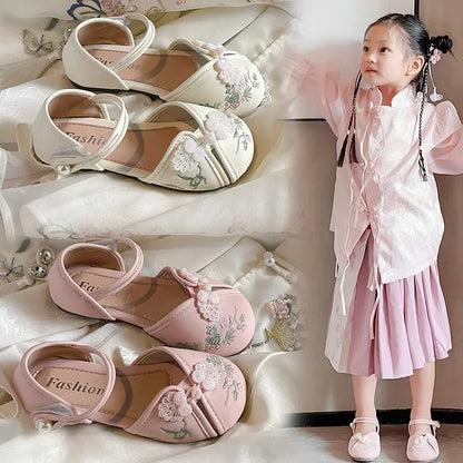 Girls Princess Shoes Hanfu Chinese Style Embroidered Kids Half Sandals for Summer Children Leather Shoes Sweet Soft Sole