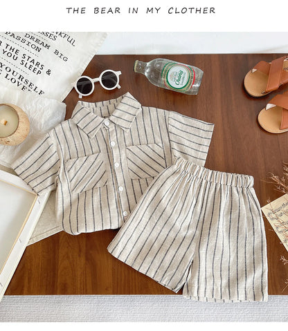 Set Children Unisex Summer New Style Cotton Stripe Pocket Shirt Polo Collar Shourts Fashion Casual Brief Versatile Korean