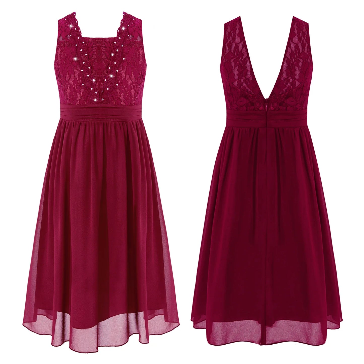 Girls Sheer Floral Lace Chiffon Party Dress Bridesmaid Clothing Sleeveless Backless Pleated Princess Dress for Wedding Birthday